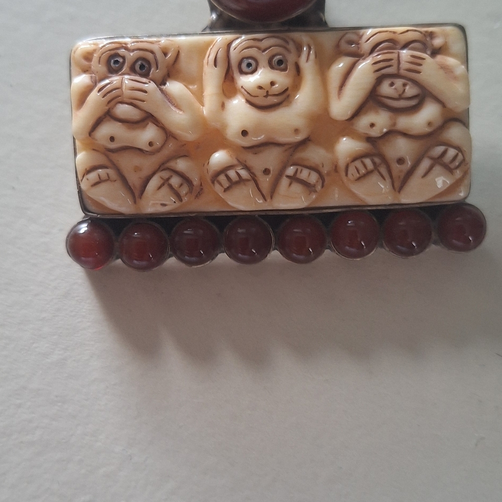 Brown and Cream Necklace with Three Wise Monkeys Pendant